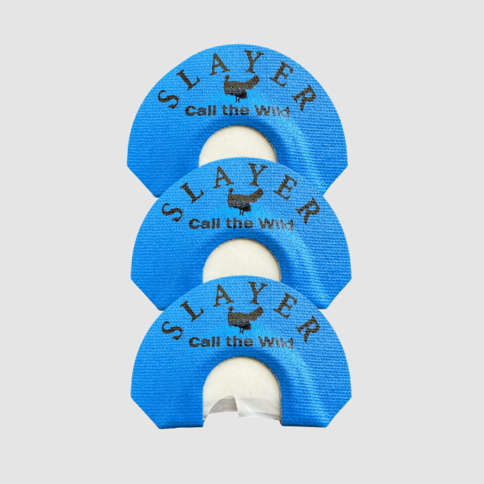 Slayer Close Talker 3pack. Three blue turkey calls with 'Slayer Call the Wild' branding on a light gray background.