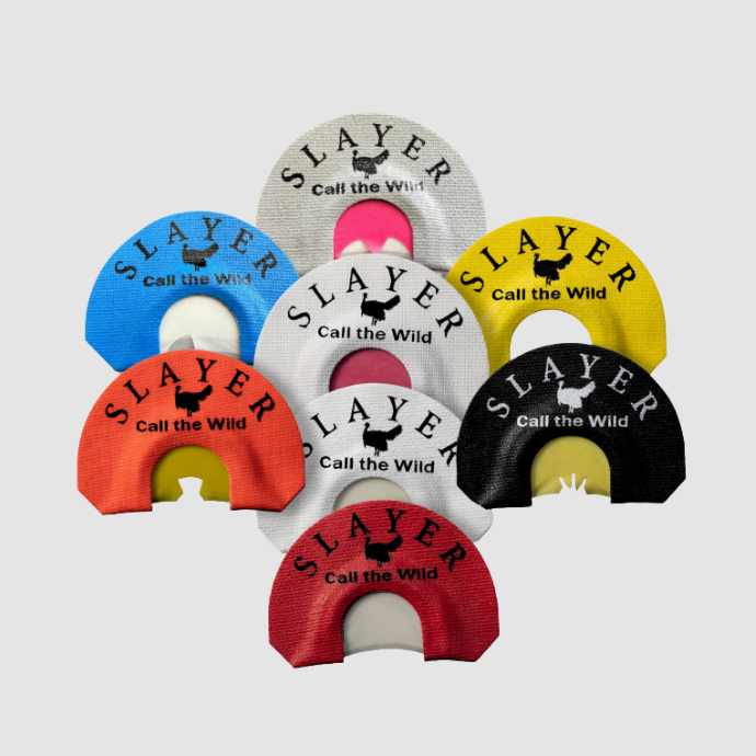 Full lineup of Slayer turkey mouth calls in a variety of cuts and colors, including ghost, batwing, combo, v-cut, and straight cut designs for all calling styles.