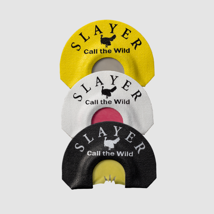 The Slayer Sweet Talk’r Kit from Slayer Calls, featuring three diaphragm turkey calls—Fang Cutter, Black Batwing, and Snake Bite—displayed on a white background.