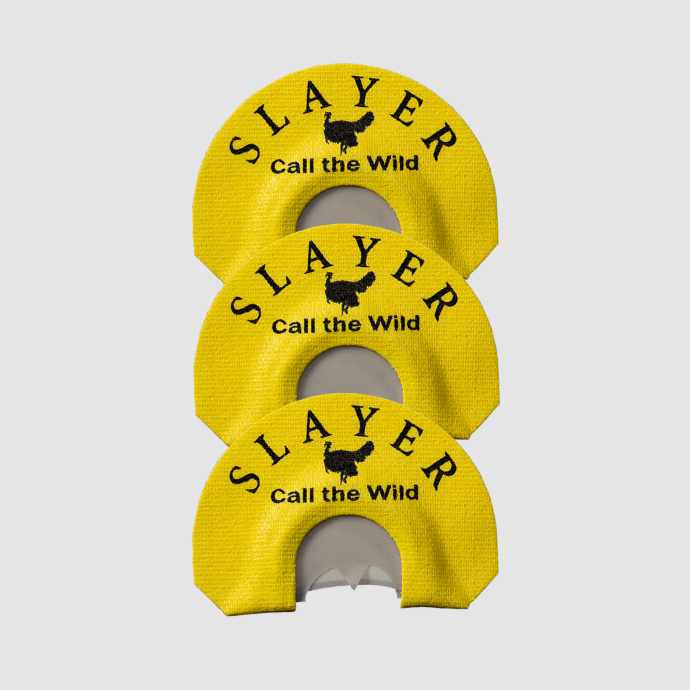 Three yellow Slayer turkey hunting reeds on a light gray background