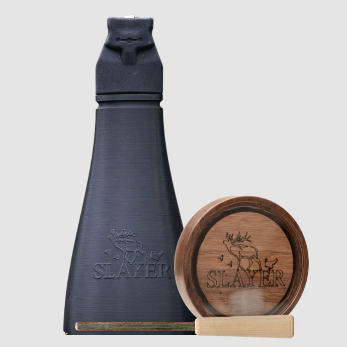 Deadly Duo turkey call set from Slayer Calls featuring the Gobbler Slayer call and Crystal Queen pot call with striker, displayed on a off white background.