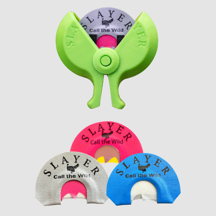 Slayer Calls Reed PAC’r with turkey diaphragm calls: Grey Batwing, Quad Hen, the Cutter, and Fang Cutter mouth calls displayed on a white background.