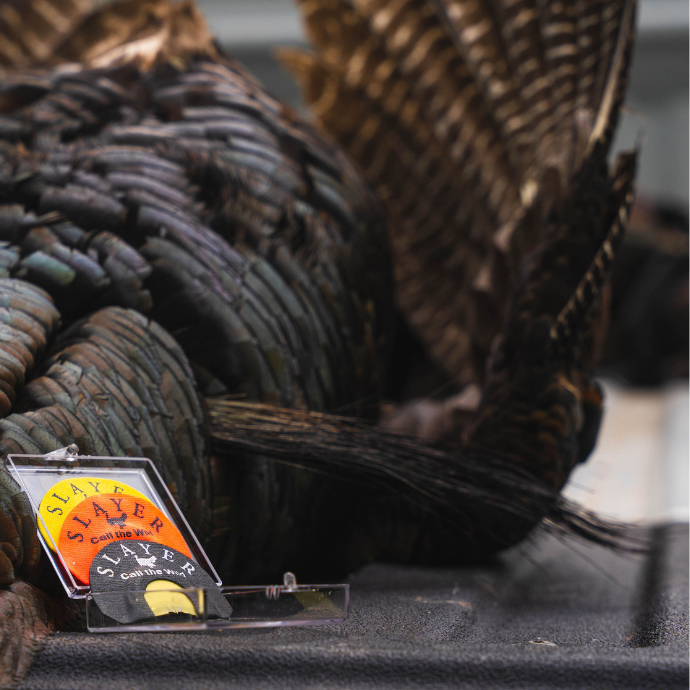 Slayer turkey mouth calls — Black Batwing (yellow), Center Cut Triple (orange), and Snake Bite (black) displayed with a harvested gobbler in the background.
