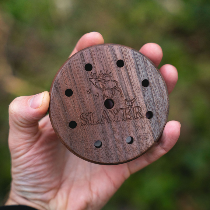 Seductive Hen slate pot call by Slayer Calls, handcrafted with precision-drilled sound ports for realistic turkey vocalizations.”