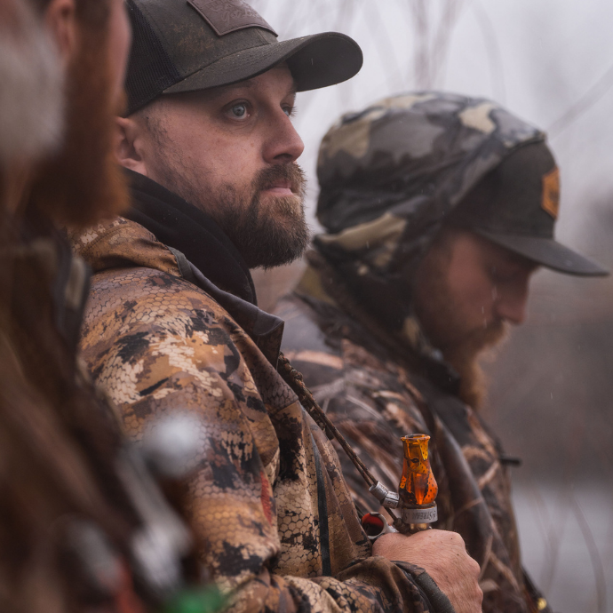 duck goose combo | Slayer's acrylic honker goose call pictured next to Field & Stream's BEST double reed duck call, the Ranger - in citrine orange color.