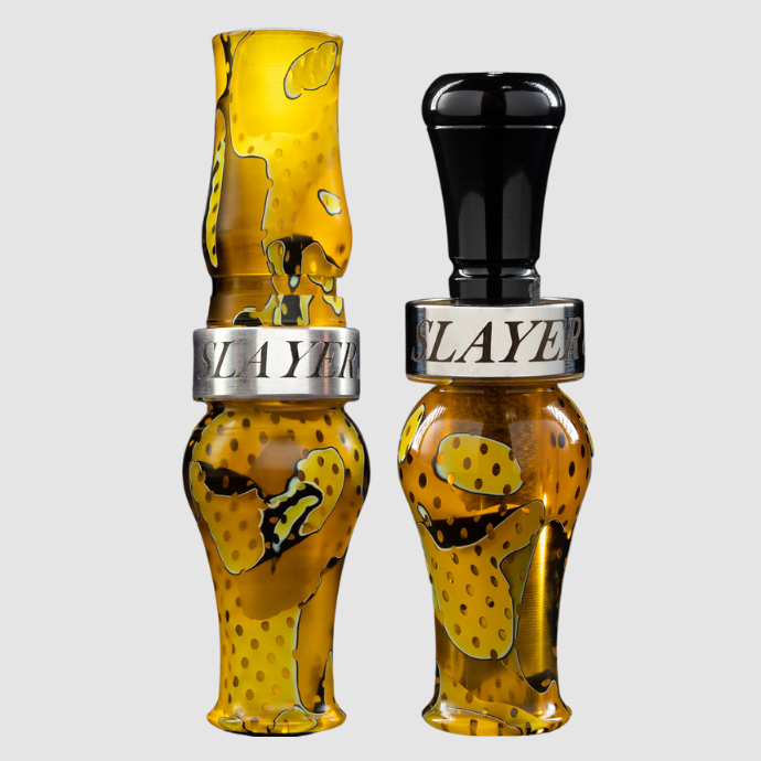 Slayer’s Waterfowl Combo with the Honker Slayer goose call and Ranger duck call in bold Yellow Jacket Mesh acrylic finish with polished metal Slayer bands.