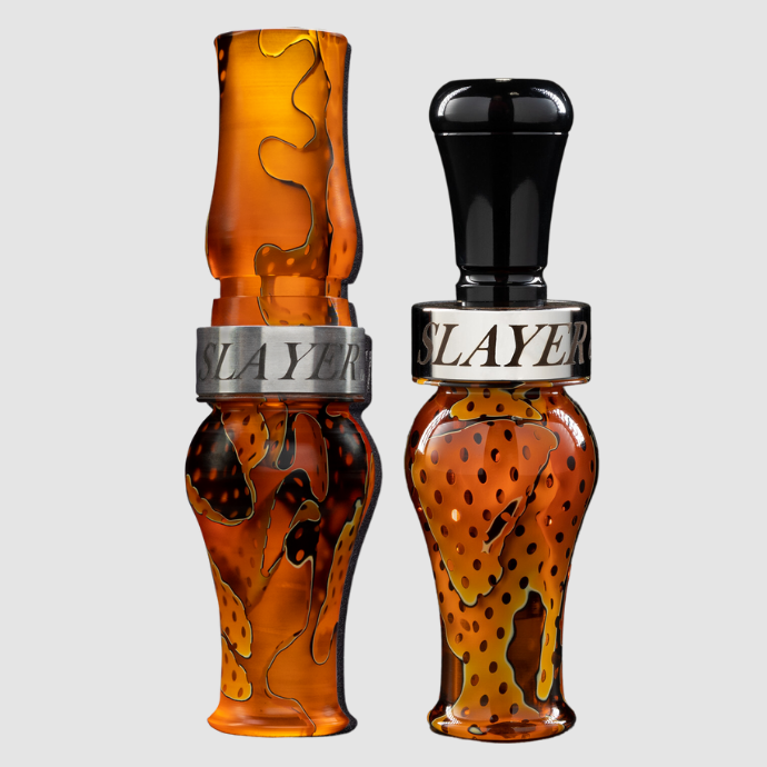 duck goose combo Slayer's acrylic honker goose call pictured next to Field & Stream's BEST double reed duck call, the Ranger - in citrine water mesh color.