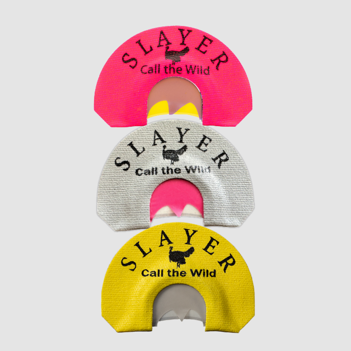 Three turkey mouth reeds with 'Slayer Call the Wild' branding on a light gray background.