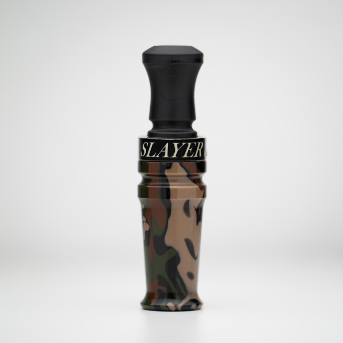 Camouflage acrylic duck call with 'SLAYER' branding on a white background
