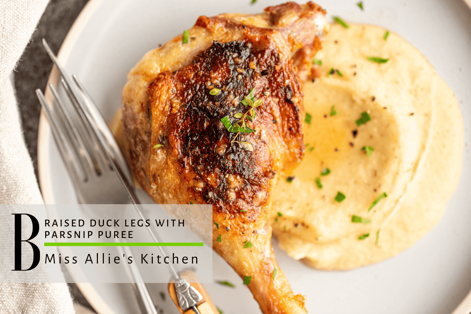 Braised duck legs with parsnip puree — crispy skin, tender duck