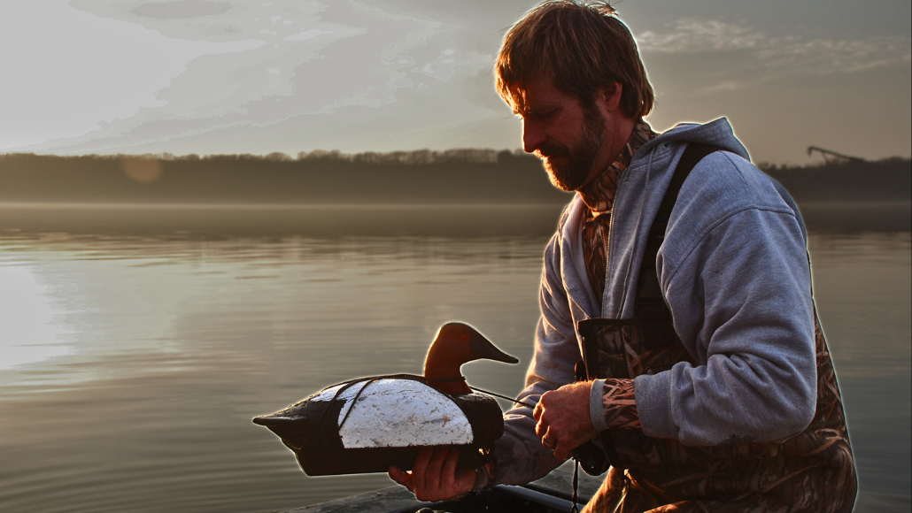 A duck hunter is setting up duck decoys in the water.