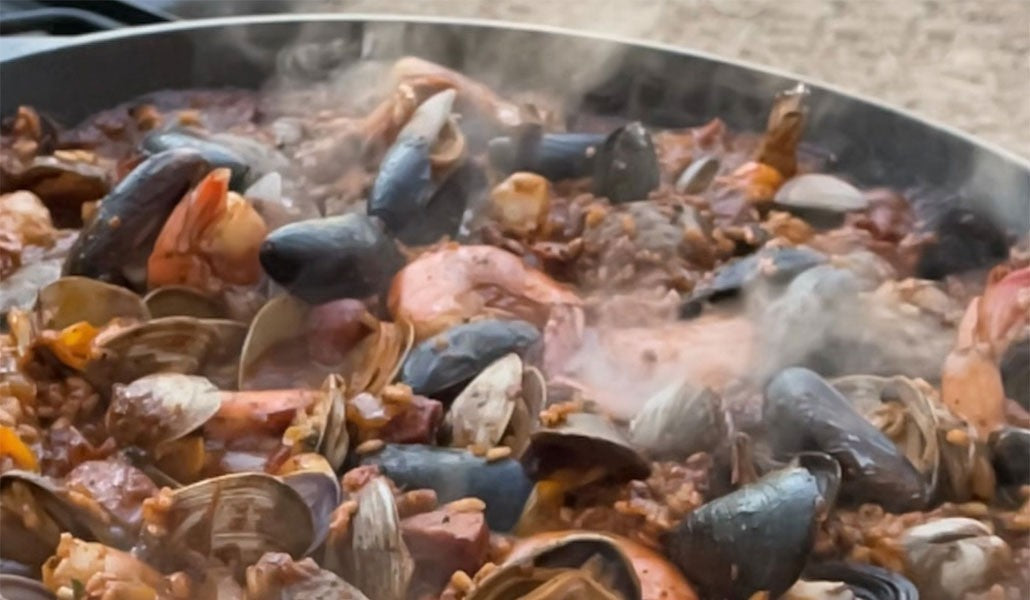 Duck sausage, chicken & seafood paella
