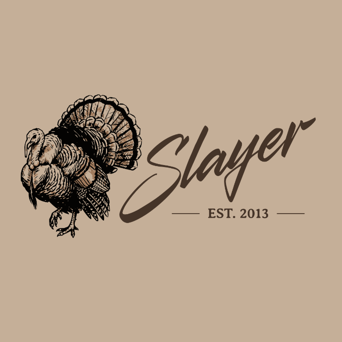 Close up view of illustration of a turkey in full strut with Slayer logo in script 