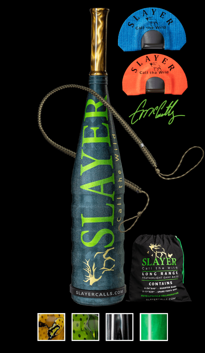Cody McCarthy Signature Series PLUS hunting package - shown with two elk reeds, the acrylic elk bugle in Kodiak Venom, elk game bags and a strap for the bugle tube