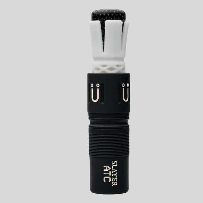 Black and white single reed ATC - Muller Chokes collaboration duck call with the Muller logo and H2O branding in cream on a light grey background. 