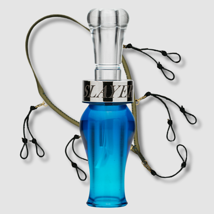 Ice blue Slayer duck call with lanyard on a light grey background.