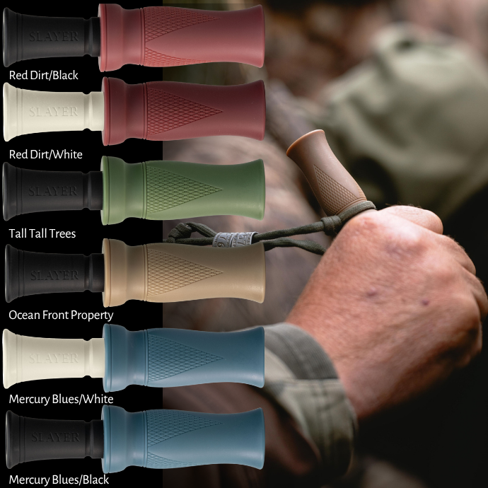 waterfowl hunter holding tan duck call with six different colored MC duck calls 