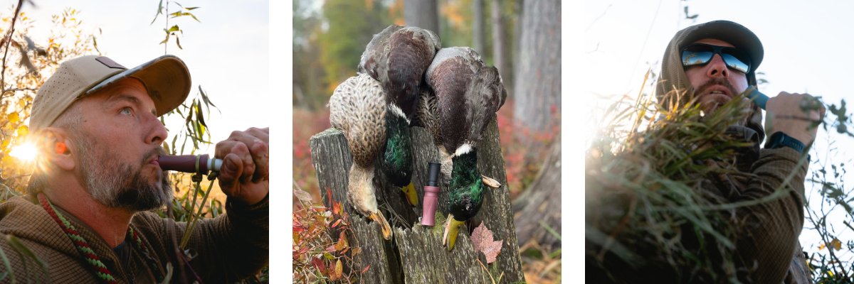 The MC Duck call in action — two duck hunters with harvested ducks running the MC duck call. 