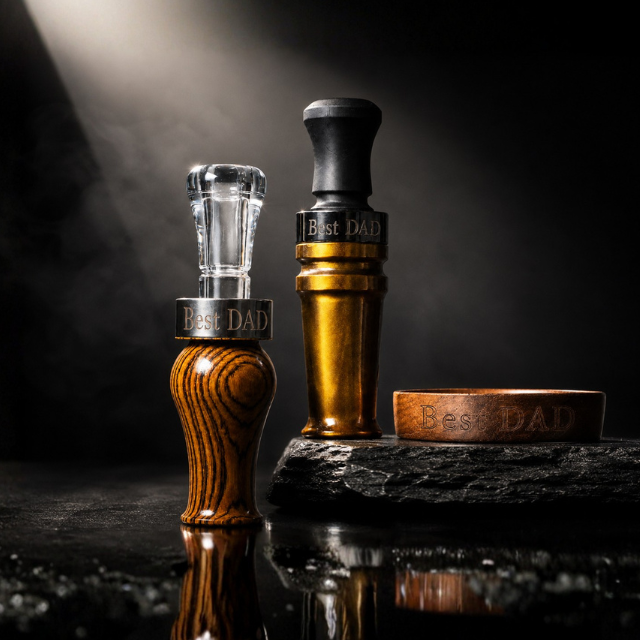Custom duck calls from Slayer Calls—the Suzie Slayer and Yolo Bypass duck calls pictured here with custom engraved bands that say Best Dad.