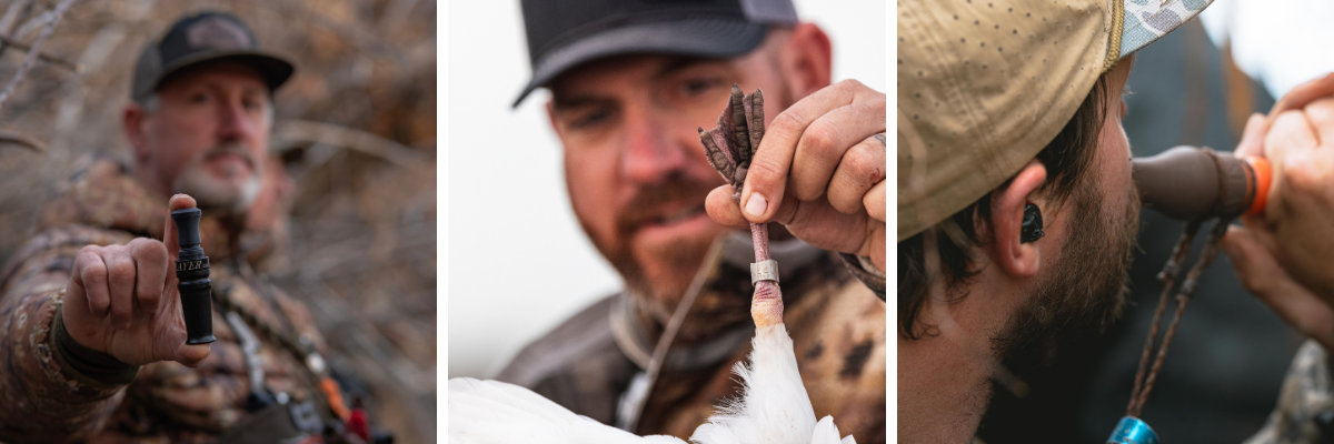 Three-image collage of waterfowl hunters using Slayer waterfowl calls in the field: a hunter holding up a duck call in the blind, a hunter tagging a harvested goose with waterfowl calls on his lanyard, and a hunter blowing a duck call to work birds overhead.