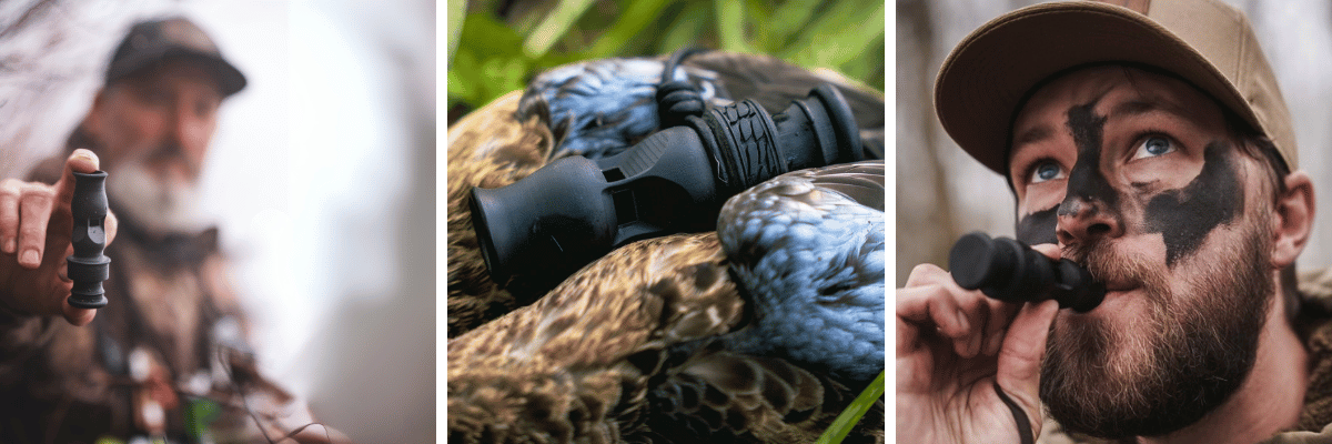A three-panel collage showing a hunter using a the duck whistle from Slayer Calls, with one panel close-up of the whistle placed on a teal duck.