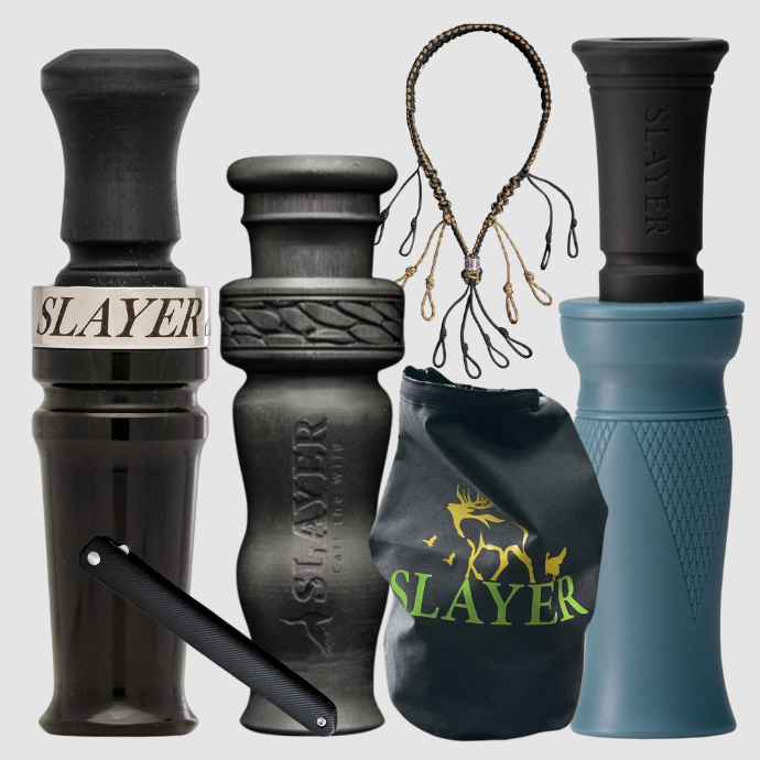 Collection of Slayer duck calls on a light gray background