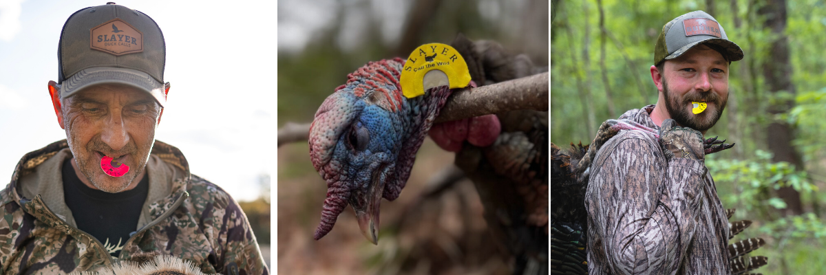 Collage  of turkey hunters and harvested turkey featuring Batwing cut turkey calls from Slayer Calls.