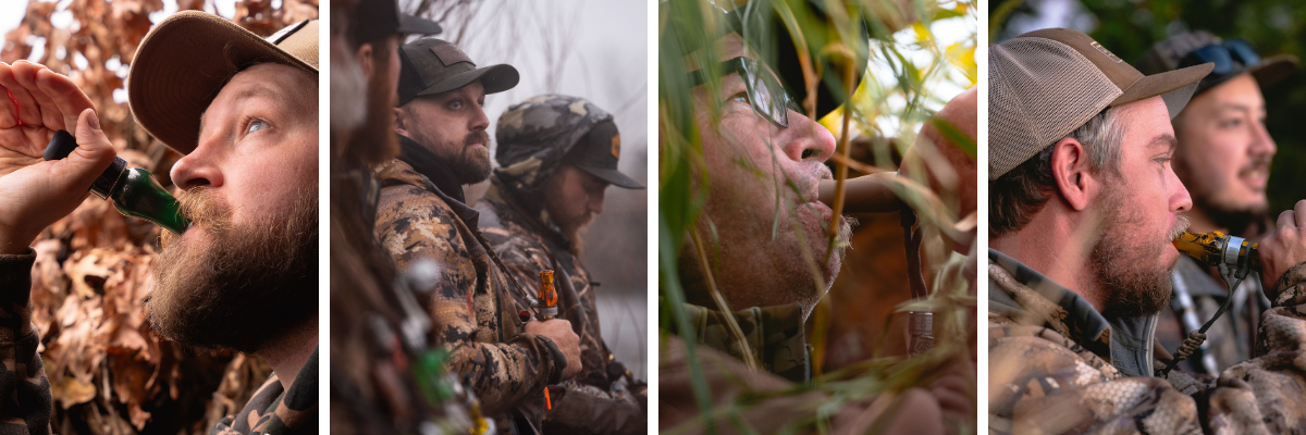 Collage of duck hunters in the field and in the duck blind running duck calls from Slayer Calls. 