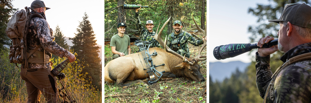Elk hunter with bow carrying a Slayer bugle tube at sunrise in the mountains – elk calls and bugle tubes collection.