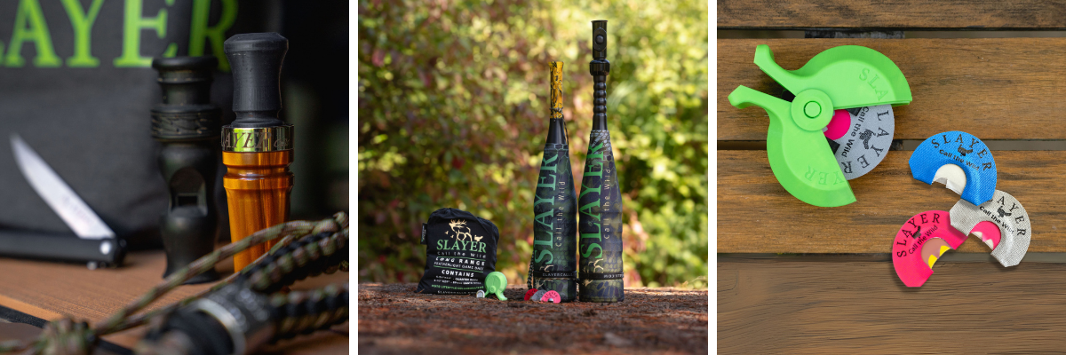 Collage of Slayer’s best gifts for hunters — premium duck call gift sets, elk bugle tube bundles with elk reeds, and colorful turkey mouth call kits arranged as hunting gift options.