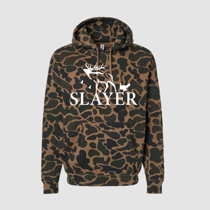 Camouflage hoodie with 'SLAYER' logo bright white.