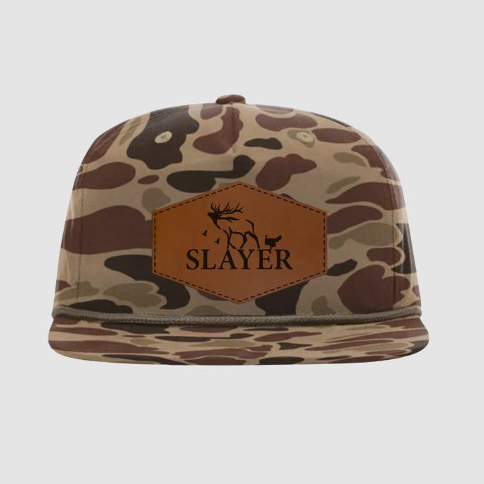 Camouflage  Rope Snapback Five-Panel trucker hat with a leather patch featuring the the Slayer logo