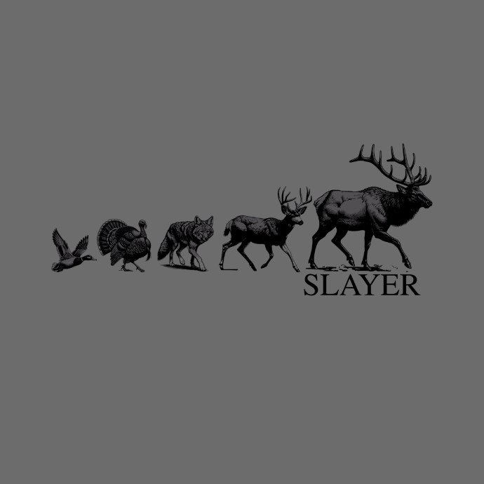 Illustration featuring lineup of duck, turkey, deer, and elk silhouettes on pigment greyfabric.