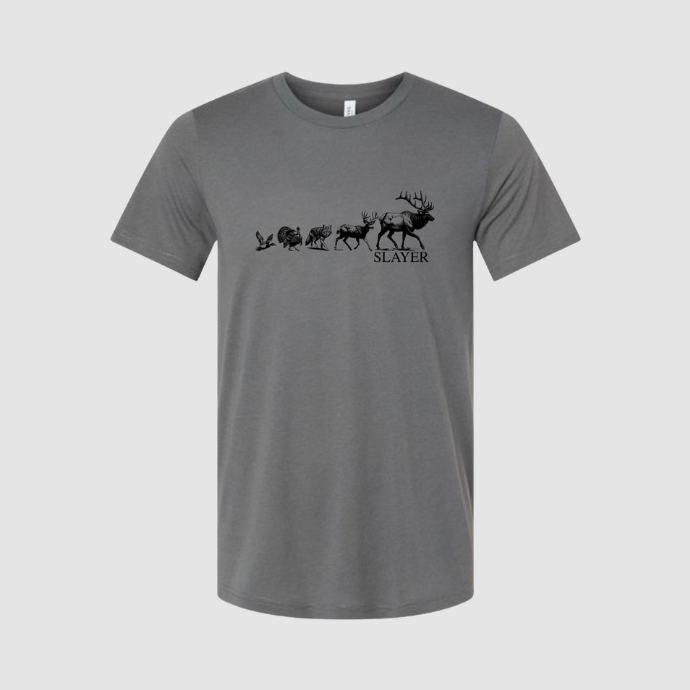 Front view of Slayer T-shirt featuring lineup of duck, turkey, deer, and elk silhouettes on grey fabric.