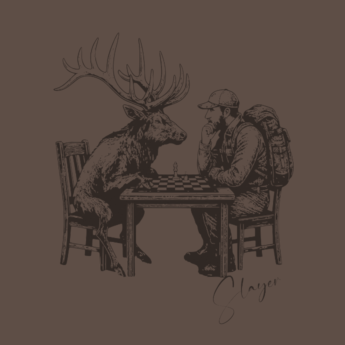Illustration of an elk hunter playing chess with a large elk on a brown background