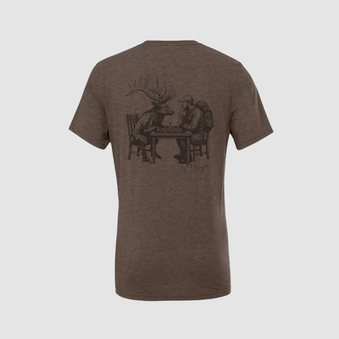 Brown Slayer Calls tee with artistic design of an elk and hunter facing off over a chessboard.