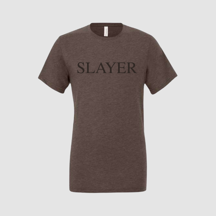 Brown t-shirt with 'SLAYER' text on a light gray background