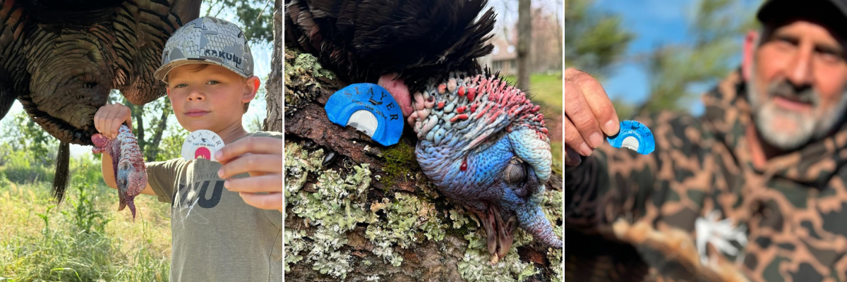Collage featuring: (1) a young turkey hunter holding a harvested turkey and Slayer’s Fang turkey call cutter, (2) a close-up of a harvested turkey displayed with the Close Talker combo cut turkey diaphragm, and (3) a camouflaged hunter holding a combo cut turkey diaphragm call in the field.