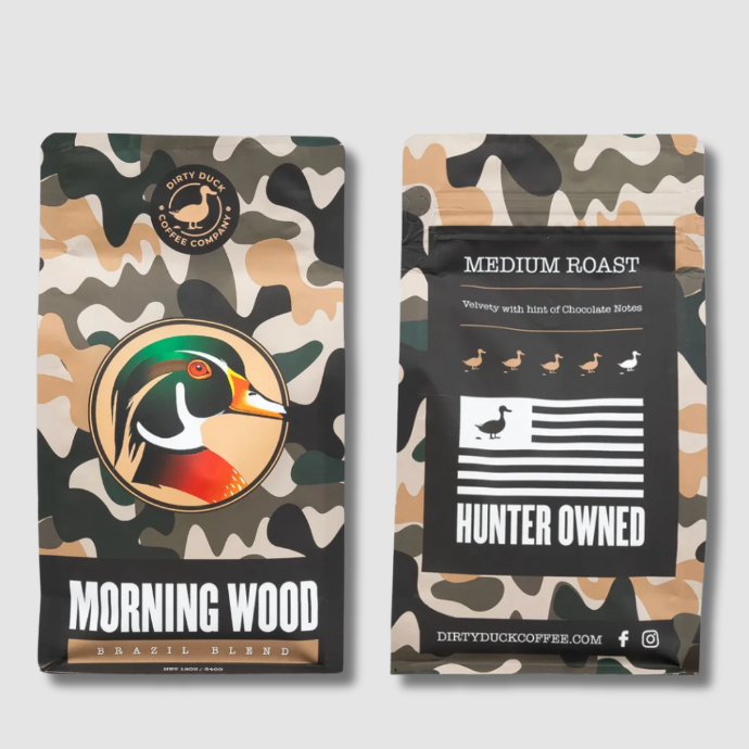 Dirty Duck's Morning Wood coffee—packaged in a camouflage design.