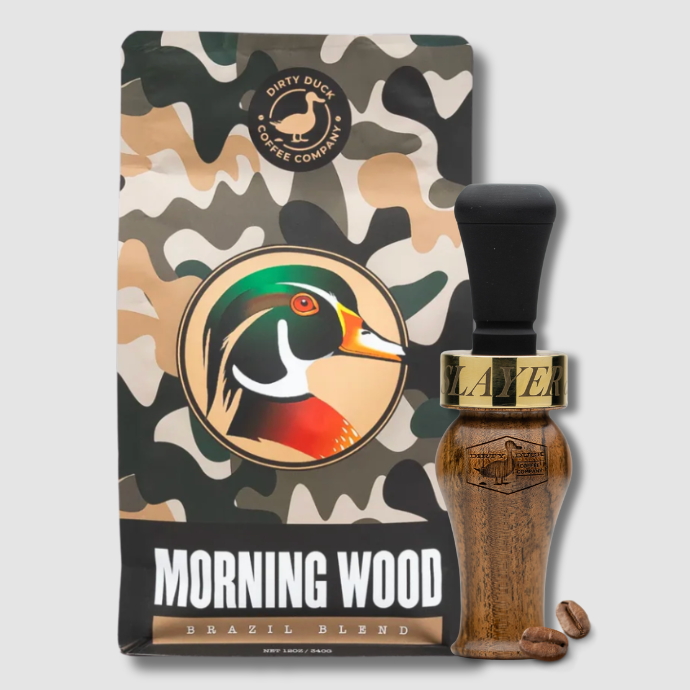 Wake & Quake Bundle | Limited Bocote Wood Slayer Barrel finished with the DUBAR duck call insert, paired with Dirty Duck's Morning Wood coffee.