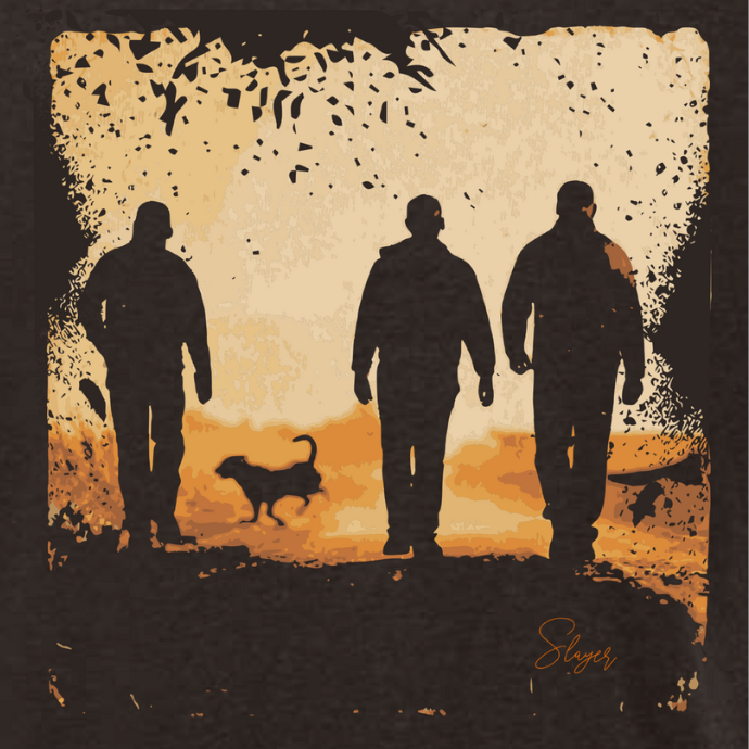 Silhouette of three waterfowl hunters and a dog walking into a sunrise.