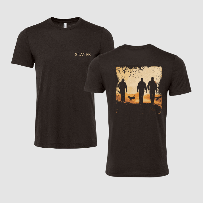 Black t-shirt with 'Slayer' logo on front and graphic design of three waterfowl hunters walking into the sunrise on back