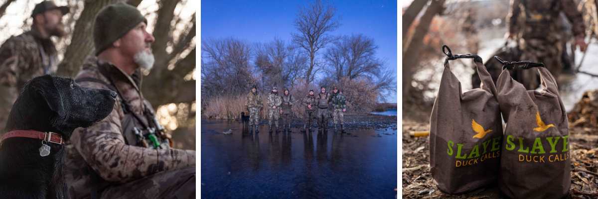 Three-image collage of waterfowl hunters using Slayer double-reed duck calls: a retriever and hunters watching the sky, a group of duck hunters standing in shallow water at dawn, and Slayer duck call dry bags placed in the blind