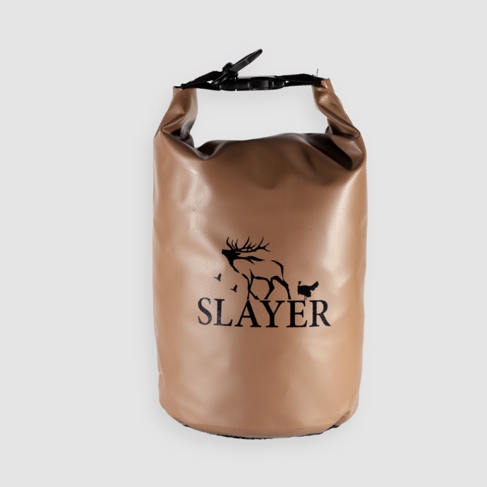 Brown dry bag with roll-top closure featuring a black of a bugling elk, flying ducks, and a turkey next to the word "SLAYER" 