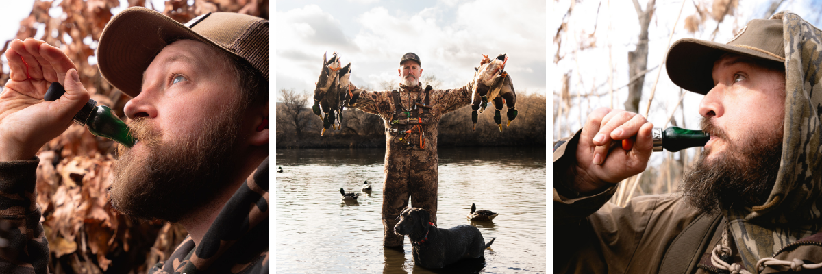 Three images of a duck hunters in camouflage gear with a dog and ducks in the field.