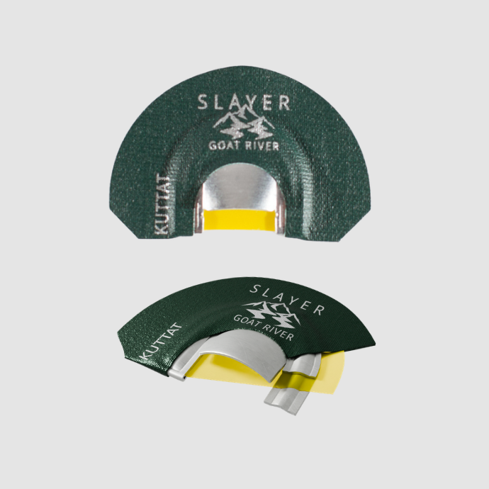 Two Slayer Kuttat elk reeds with dark green tape and yellow latex on a light grey background.