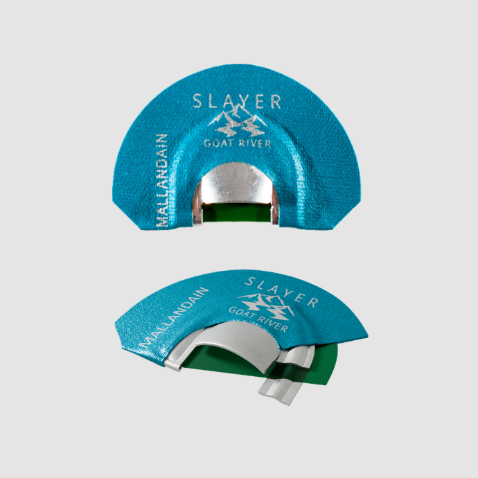 Two Slayer Mallandain elk reeds with teal green tape and dark green latex on a light grey background.