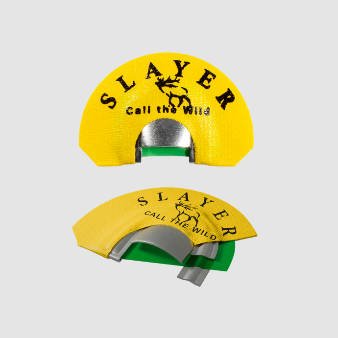 Slayer Lolo elk reed with yellow tape and green latex on a light grey background.
