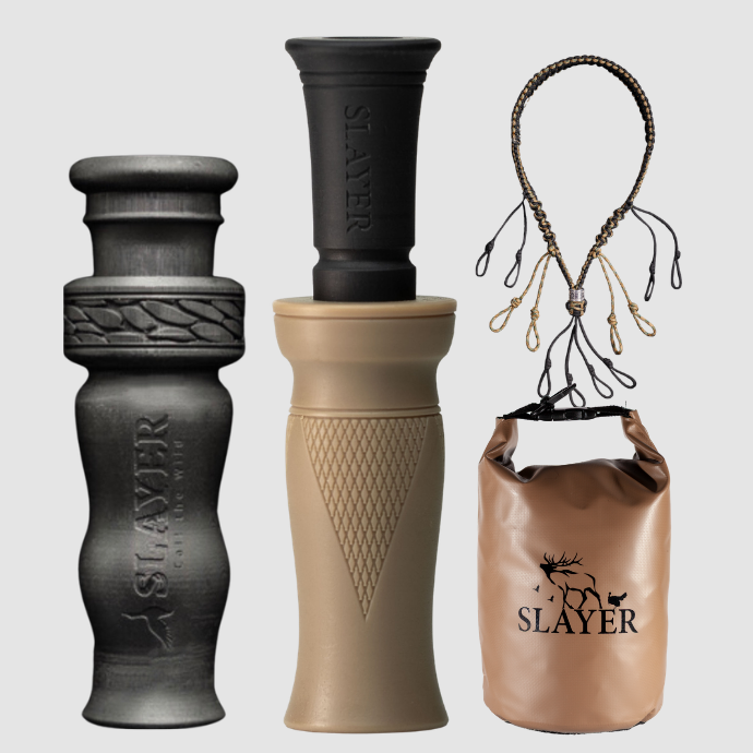 Slayer duck call, whistle, dry bag and lanyard with 'Slayer' branding on a light gray background