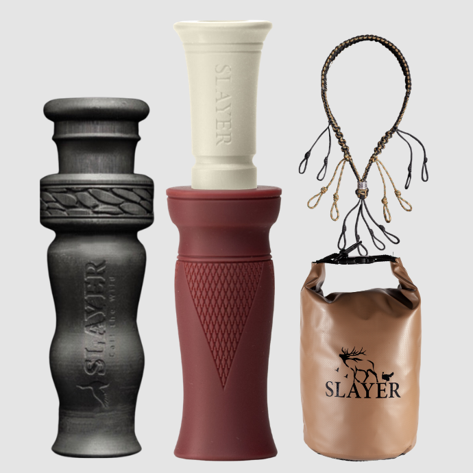 Slayer duck call, whistle, dry bag and lanyard with 'Slayer' branding on a light gray background